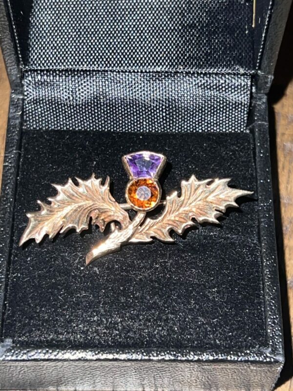 9ct gold amethyst and citrine thistle brooch