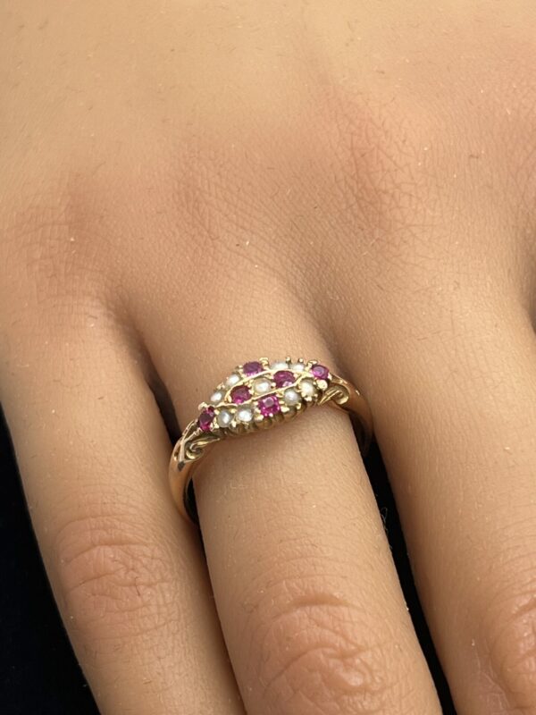 Antique 15ct gold seed pearl and spinel ladies ring