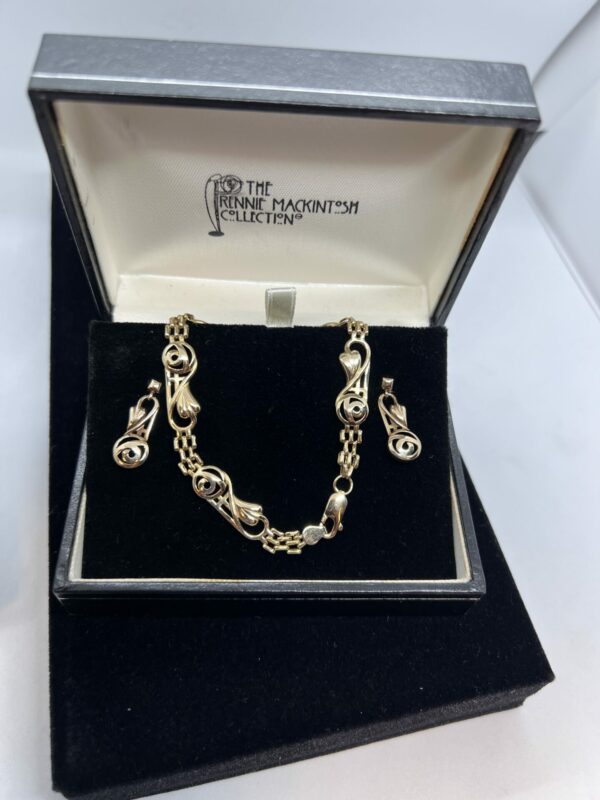 9ct gold rennie mackintosh bracelet and earrings set