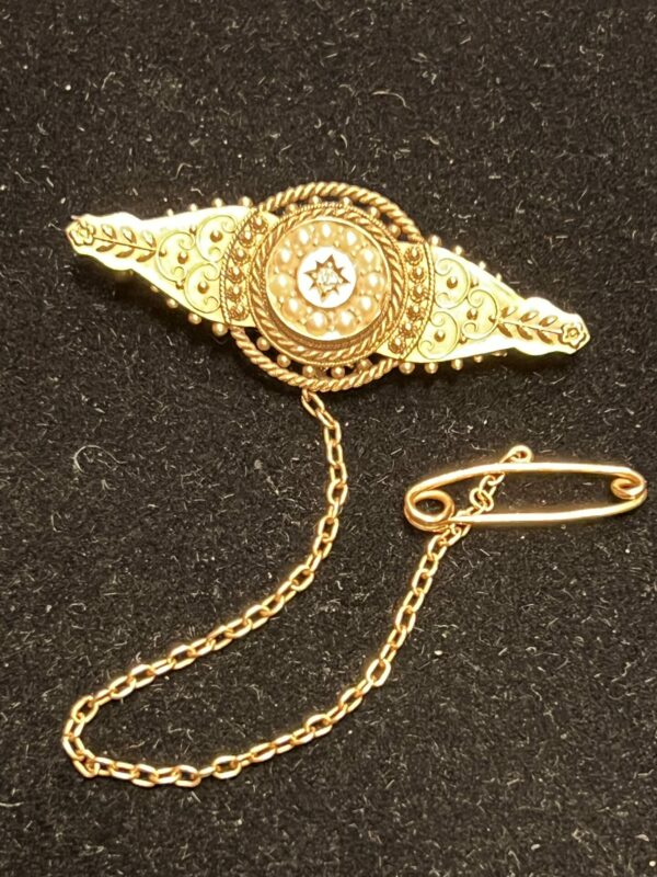 15ct gold diamond and seed pearl and diamond bar brooch