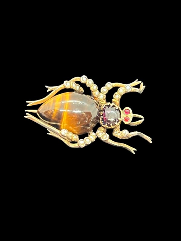 Tigereye garnet and seed pearl silver gilt Victorian spider brooch - Image 2