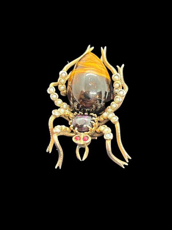 Tigereye garnet and seed pearl silver gilt Victorian spider brooch