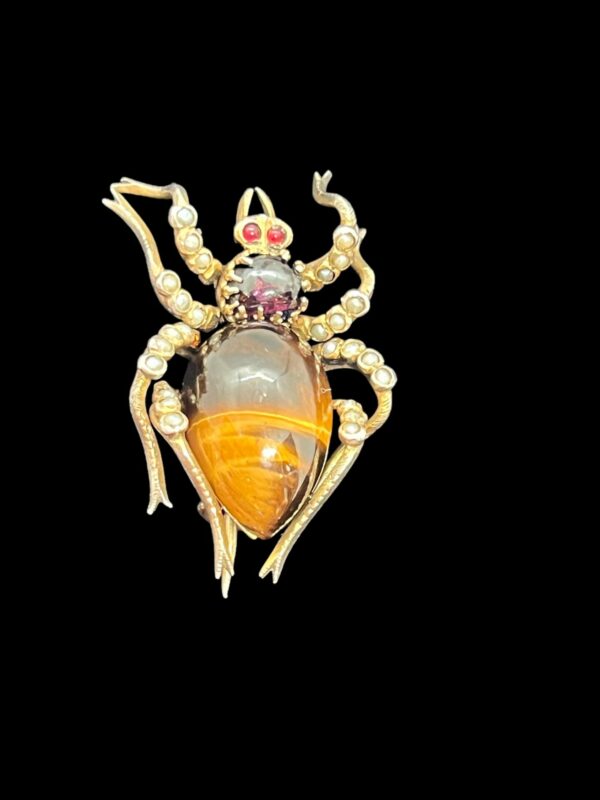 Tigereye garnet and seed pearl silver gilt Victorian spider brooch - Image 4