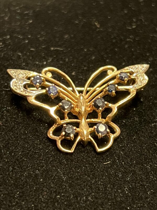 9ct gold diamond and sapphire butterfly brooch - Image 3