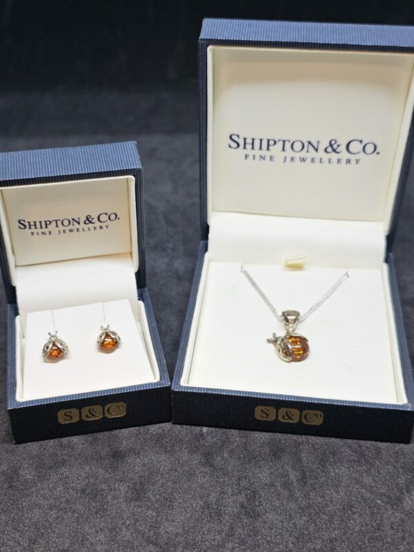 Amber Ladybird Earrings & Pendant set