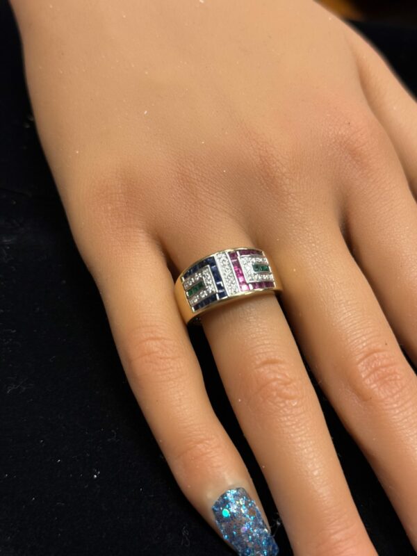 9ct gold ruby sapphire emerald and diamond ring