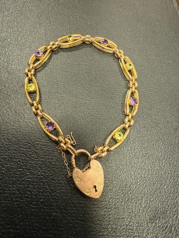 Amethyst and peridot 9ct gold padlock bracelet antique