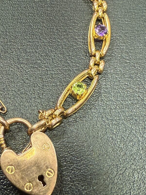 Amethyst and peridot 9ct gold padlock bracelet antique - Image 2