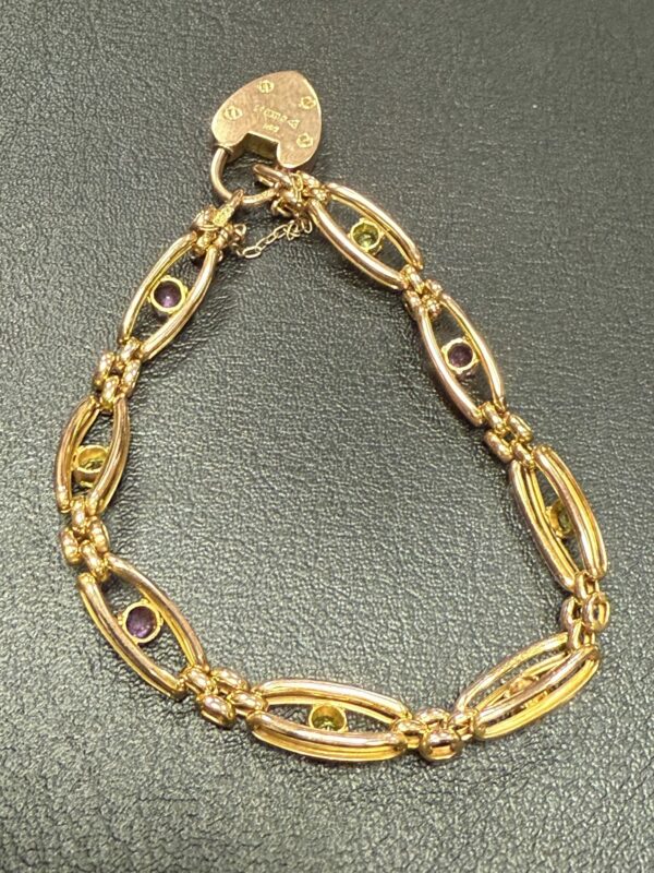 Amethyst and peridot 9ct gold padlock bracelet antique - Image 4