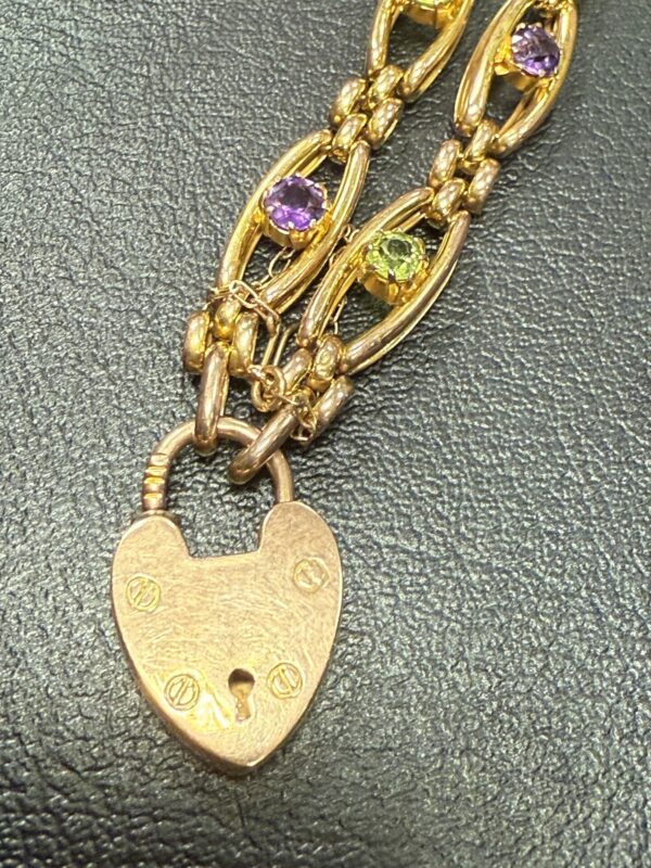 Amethyst and peridot 9ct gold padlock bracelet antique - Image 6