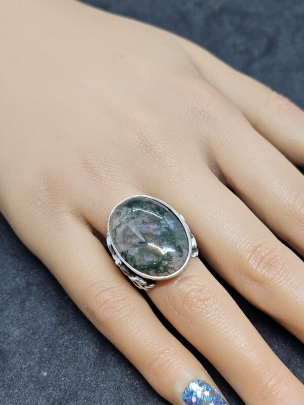 Oval Moss Agate Silver Ring